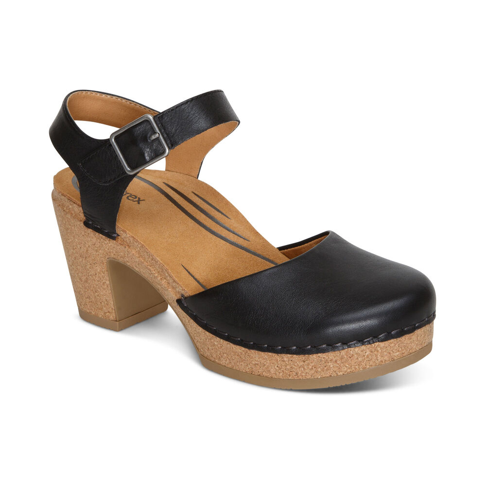 Aetrex Women's Finley Closed Toe Heel Wedge Sandals - Black | USA 3IHCBW0